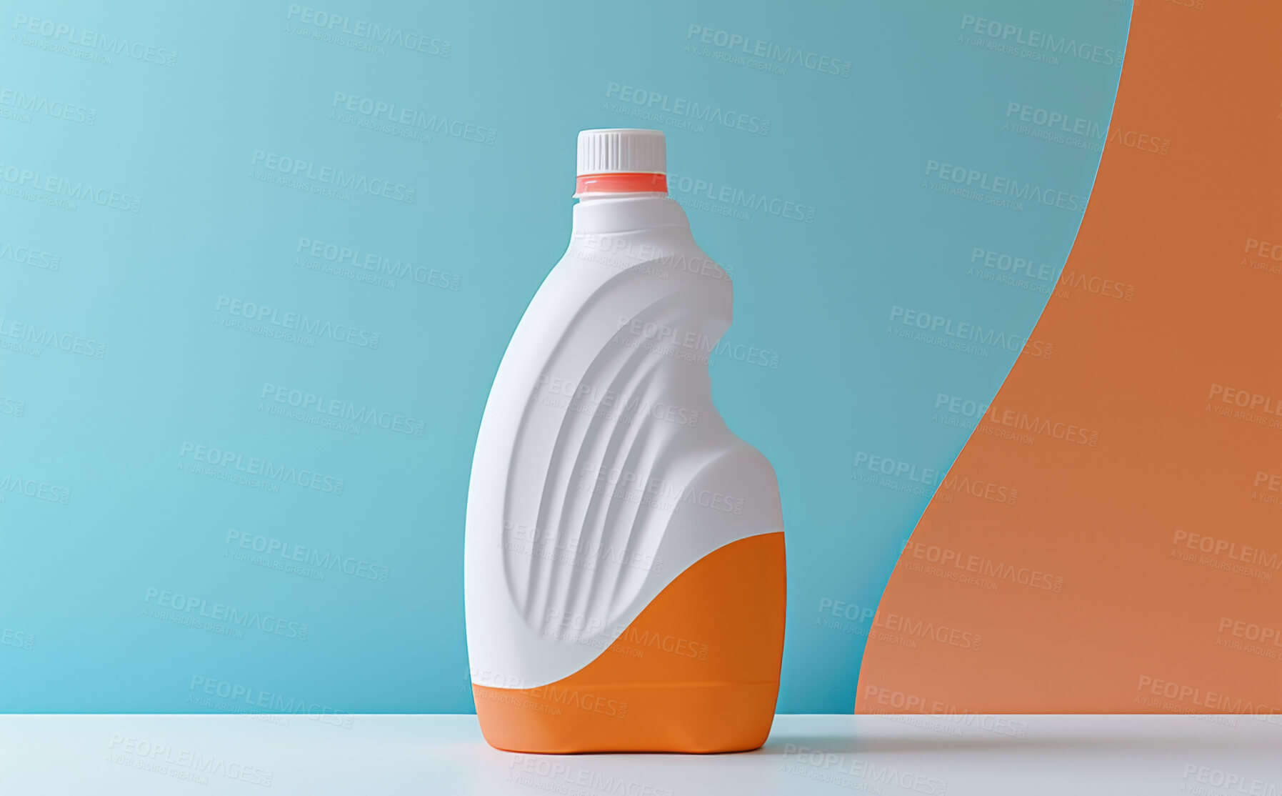 Buy stock photo Cleaning agent, plastic bottle and fabric softener on a background for fresh clothing, laundry or laundromat business.  Mockup, blank and container for design idea, product and recycled eco packaging