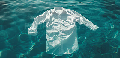 White shirt, water and laundry background for laundromat business, bleach product or fabric softener. Clean, fresh and detailed shirt underwater view for clothes, textile and environment friendly