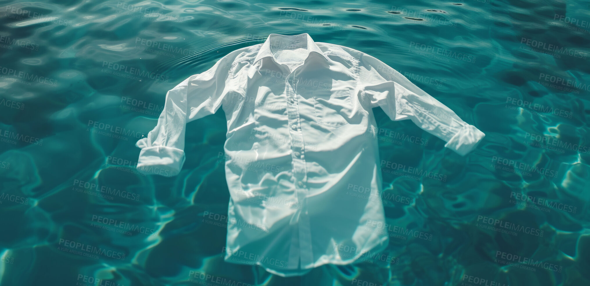 Buy stock photo White shirt, water and laundry background for laundromat business, bleach product or fabric softener. Clean, fresh and detailed shirt underwater view for clothes, textile and environment friendly