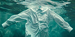 White shirt, water and laundry background for laundromat business, bleach product or fabric softener. Clean, fresh and detailed shirt underwater view for clothes, textile and environment friendly