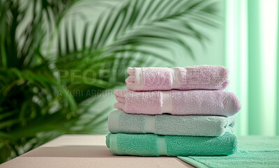 Buy stock photo Hotel towel, laundry and clean fabric background for laundromat business, detergent or hygiene. Colourful, neat and stacked fluffy textile for washing softener, cleaning service and eco friendly