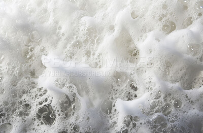 Buy stock photo Abstract, bubble and foam background for cleaning detergent, laundry business and hygiene care backdrop. White, surface and shiny soap closeup of hair shampoo, cosmetics or cleaning detergent