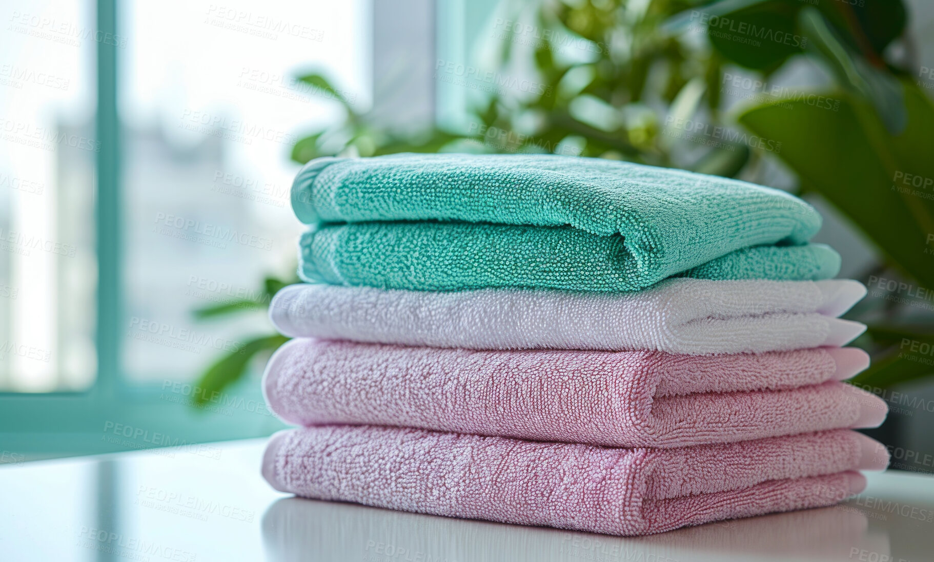 Buy stock photo Hotel towel, laundry and clean fabric background for laundromat business, detergent or hygiene. Colourful, neat and stacked fluffy textile for washing softener, cleaning service and eco friendly