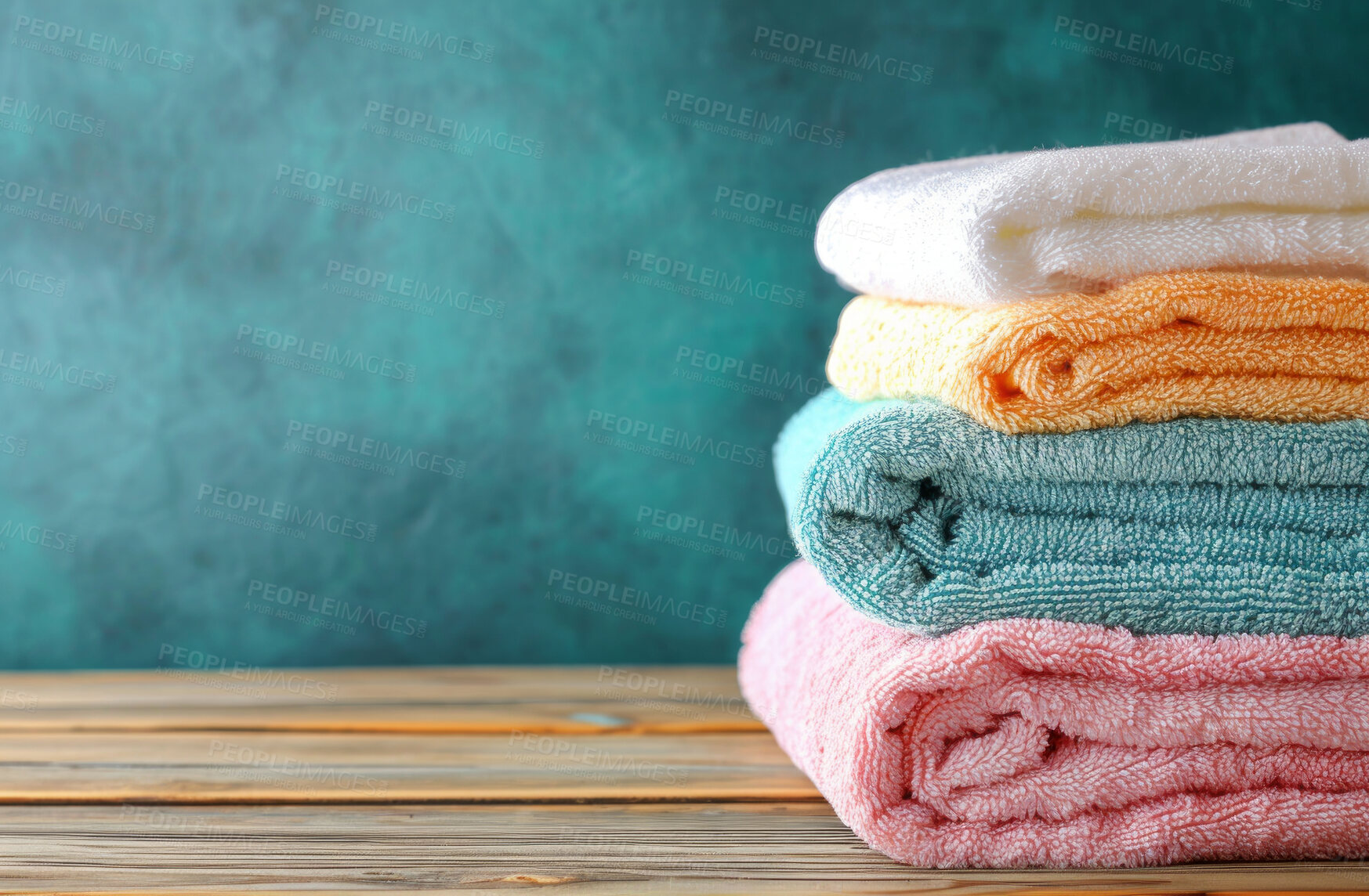 Buy stock photo Hotel towel, laundry and clean fabric background for laundromat business, detergent or hygiene. Colourful, neat and stacked fluffy textile for washing softener, cleaning service and eco friendly