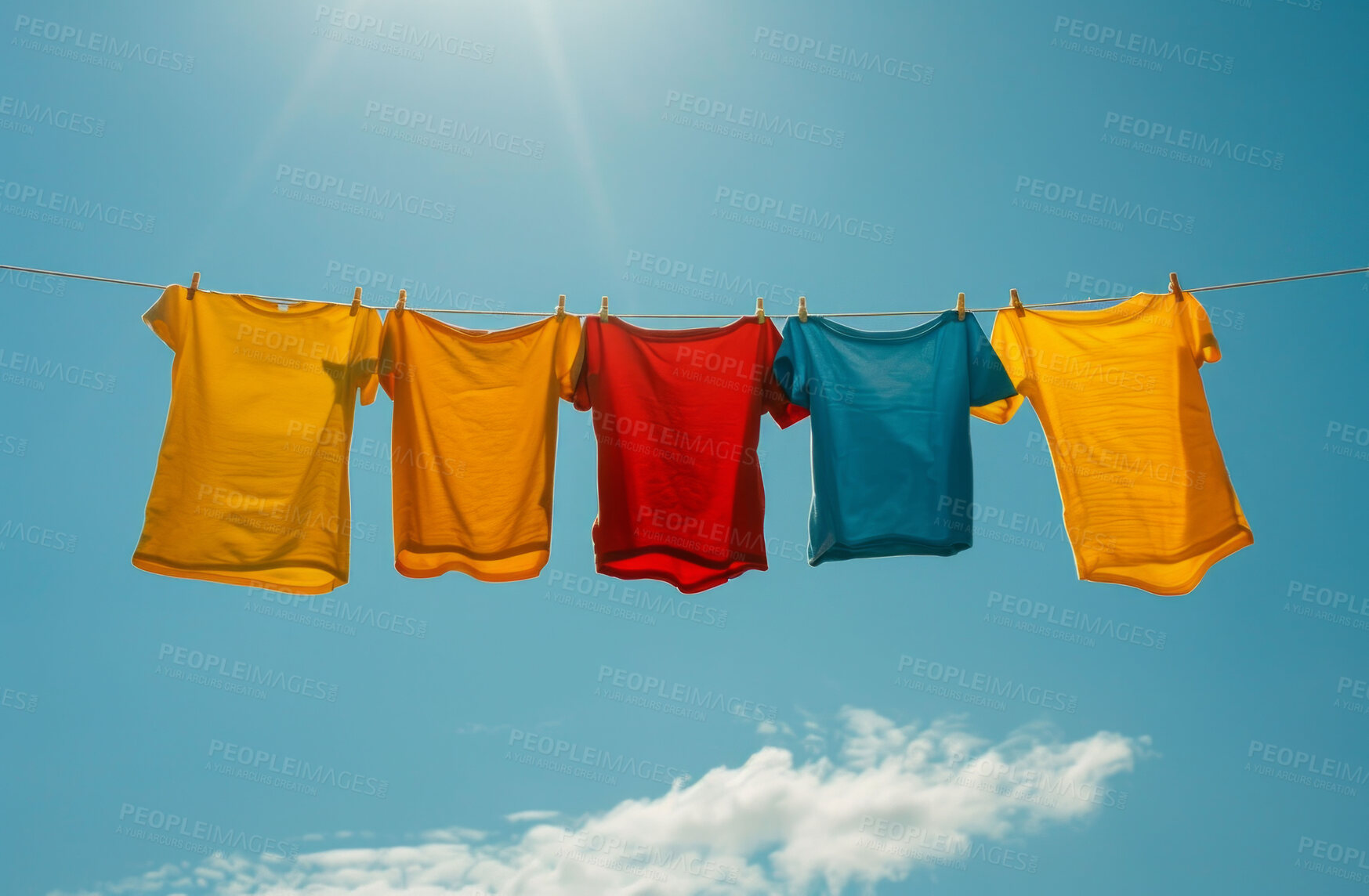 Buy stock photo Cloth, laundry or colourful fabric hanging on a washing line for laundromat business, textile and background. Blue sky, summer day and springtime wallpaper for clean clothes and eco friendly washing