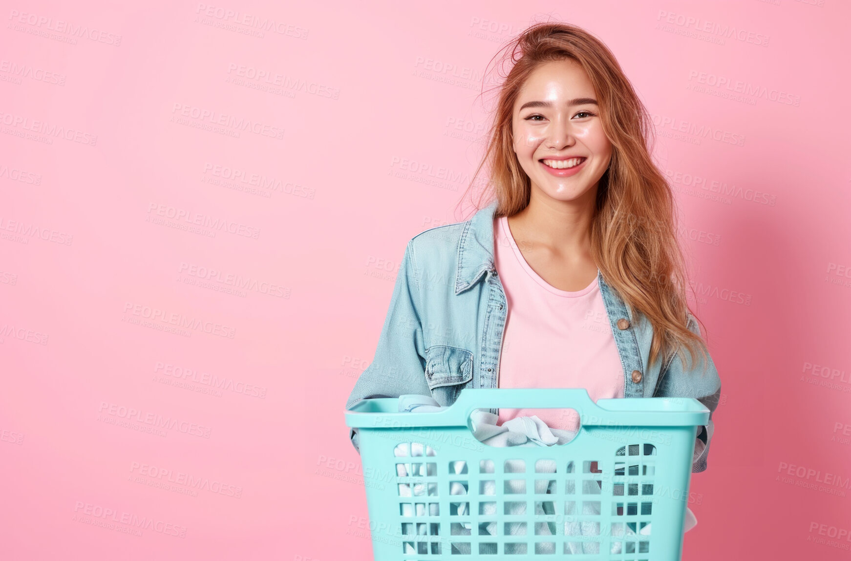 Buy stock photo Woman, laundry pile and clean clothes for laundromat service, fabric softener and household chores. Friendly, happy and content young girl holding folded clothing for cleaning services and hygiene