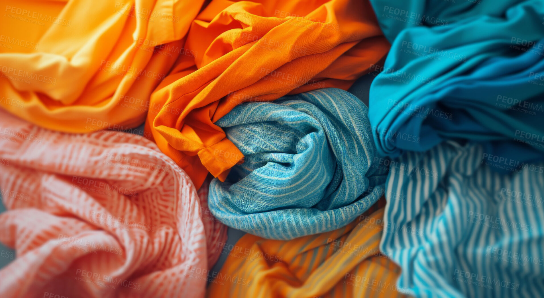 Buy stock photo Clothes, fabric and clean laundry background for laundromat business, service or fabric softener. Colourful, pile or dirty clothing backdrop for mockup, product design or eco friendly cleaning