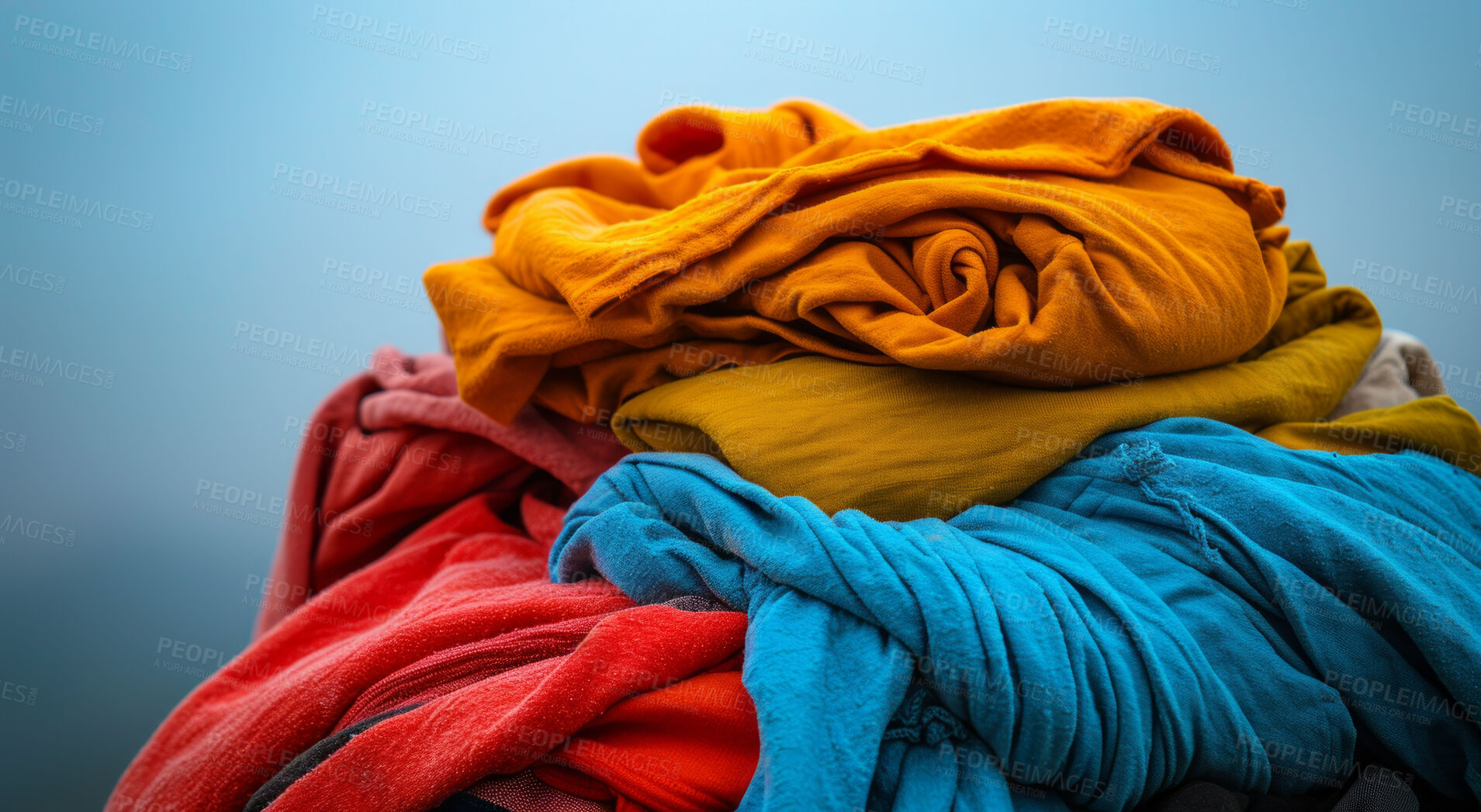 Buy stock photo Clothes, fabric and clean laundry background for laundromat business, service or fabric softener. Colourful, pile or dirty clothing backdrop for mockup, product design or eco friendly cleaning