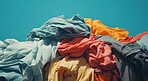 Clothes, fabric and clean laundry background for laundromat business, service or fabric softener. Colourful, pile or dirty clothing backdrop for mockup, product design or eco friendly cleaning