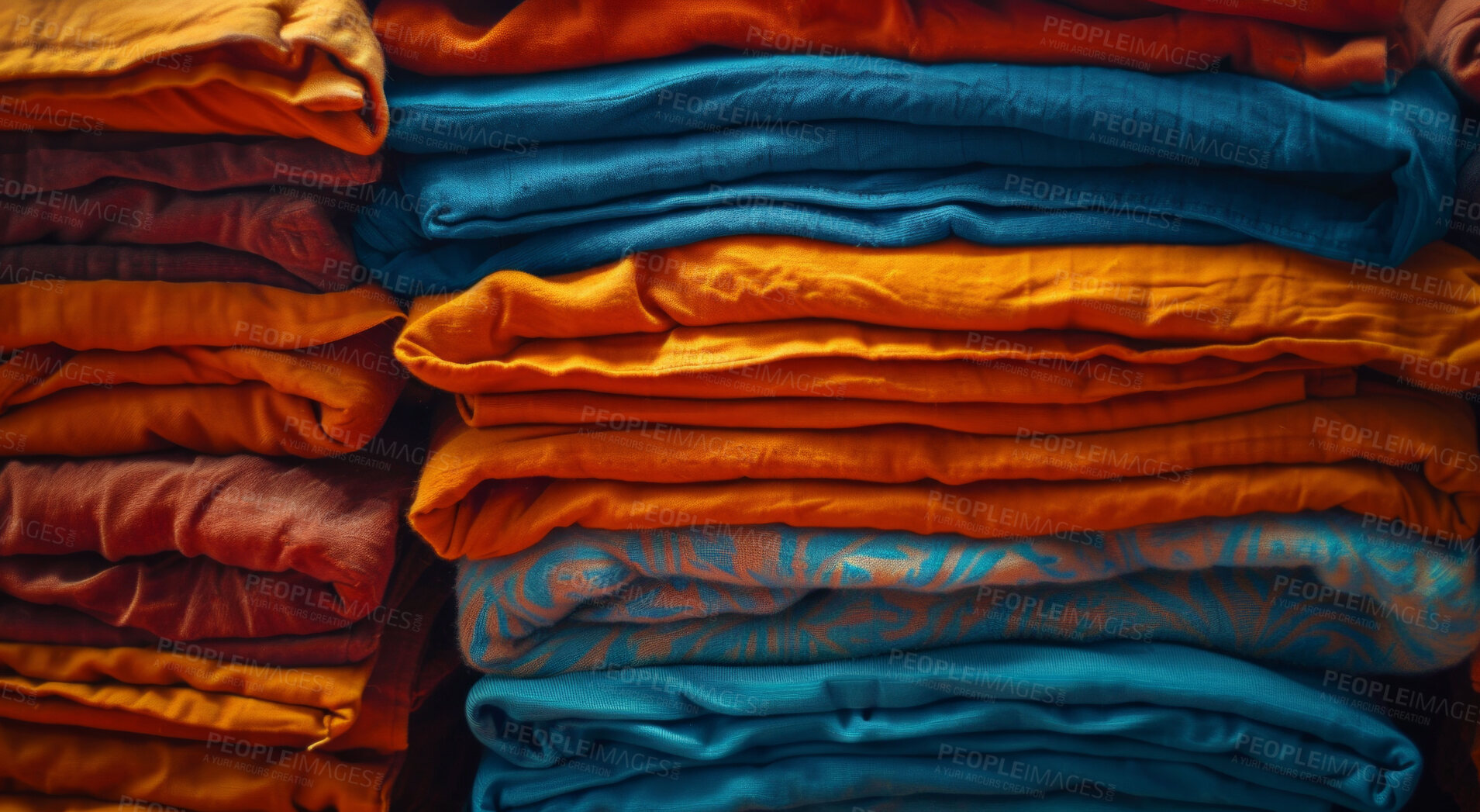 Buy stock photo Clothing, clean and folded laundry for laundromat business service, background or cleaning detergent backdrop. Colourful, neat and pile of shirts for mockup, wardrobe and eco friendly product