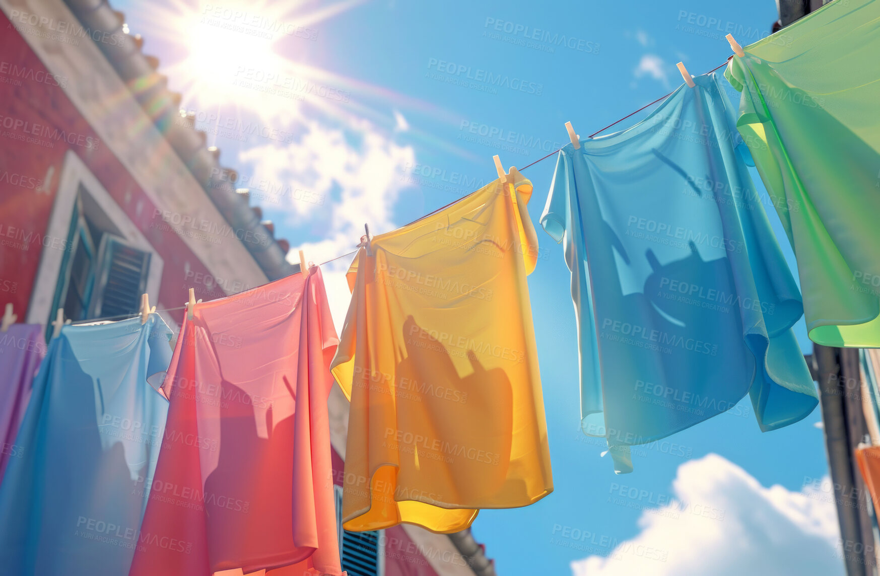 Buy stock photo Cloth, laundry or colourful fabric hanging on a washing line for laundromat business, textile and background. Blue sky, summer day and springtime wallpaper for clean clothes and eco friendly washing