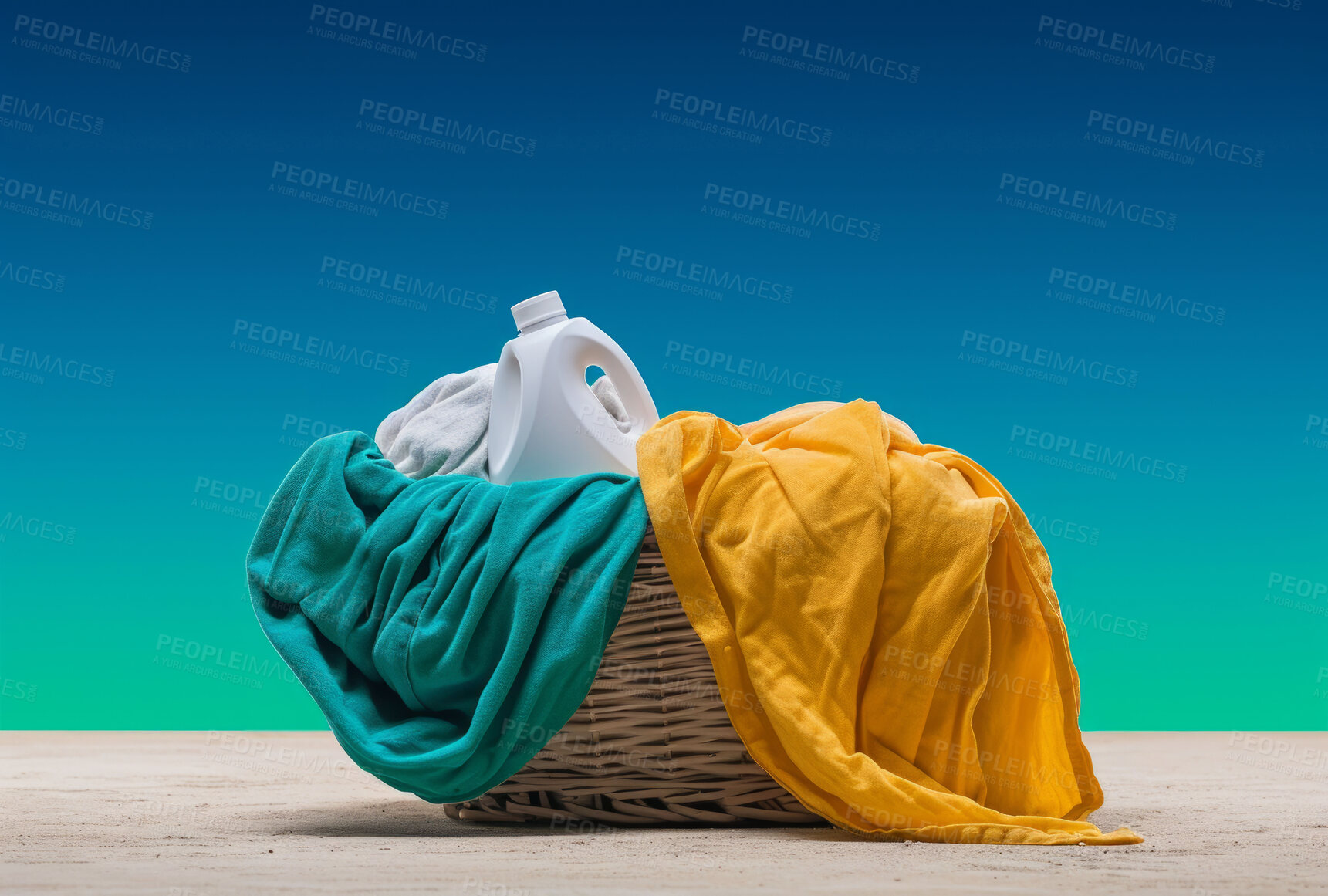 Buy stock photo Clean, laundry and clothes in a washing basket at laundromat, home and self service. Fresh, hygienic and closeup of pile of clothing for textile, colourful fabric softener and cleaning duties