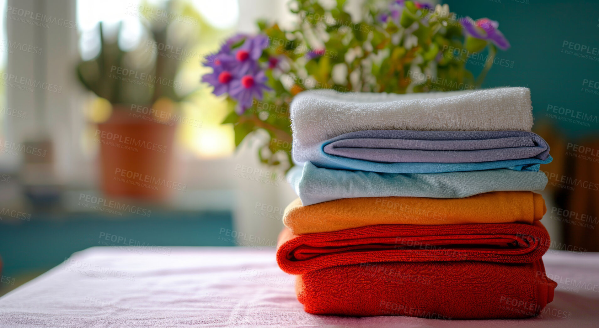 Buy stock photo Clothing, clean and folded laundry for laundromat business service, background or cleaning detergent backdrop. Colourful, neat and pile of shirts for mockup, wardrobe and eco friendly product