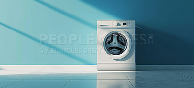 Commercial , laundry and electrical appliance for laundromat, advertising and washing machine background. Empty room, home and front loader against a blue wall for chores, cleaning and service