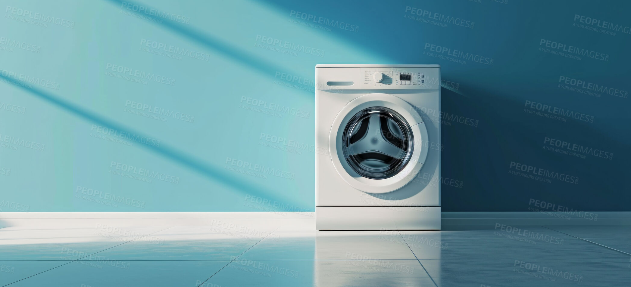 Buy stock photo Commercial , laundry and electrical appliance for laundromat, advertising and washing machine background. Empty room, home and front loader against a blue wall for chores, cleaning and service