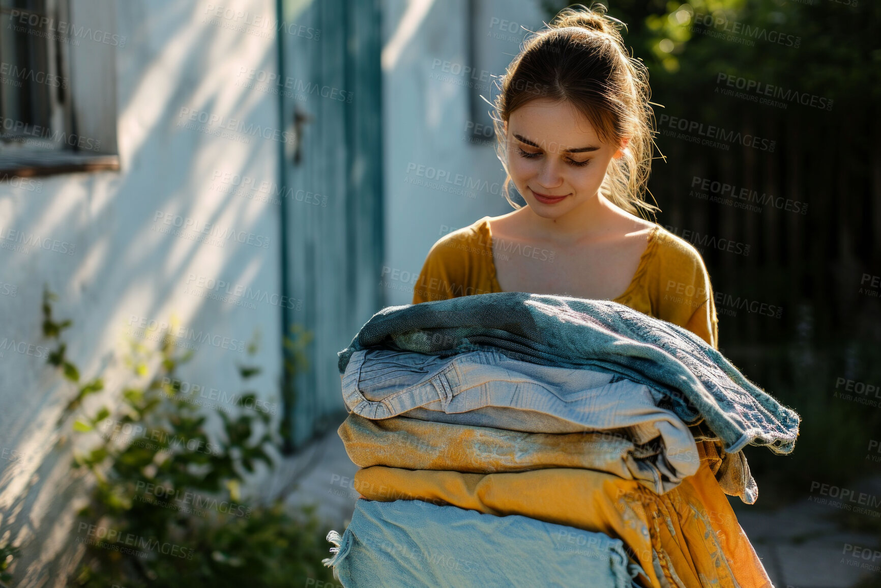 Buy stock photo Woman, laundry pile and clean clothes for laundromat service, fabric softener and household chores. Friendly, happy and content young girl holding folded clothing for cleaning services and hygiene