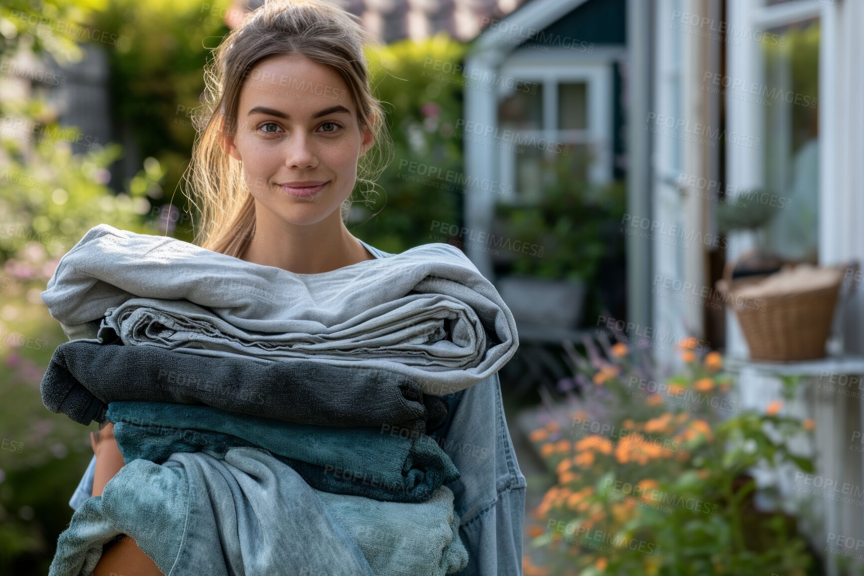 Buy stock photo Woman, laundry pile and clean clothes for laundromat service, fabric softener and household chores. Friendly, happy and content young girl holding folded clothing for cleaning services and hygiene