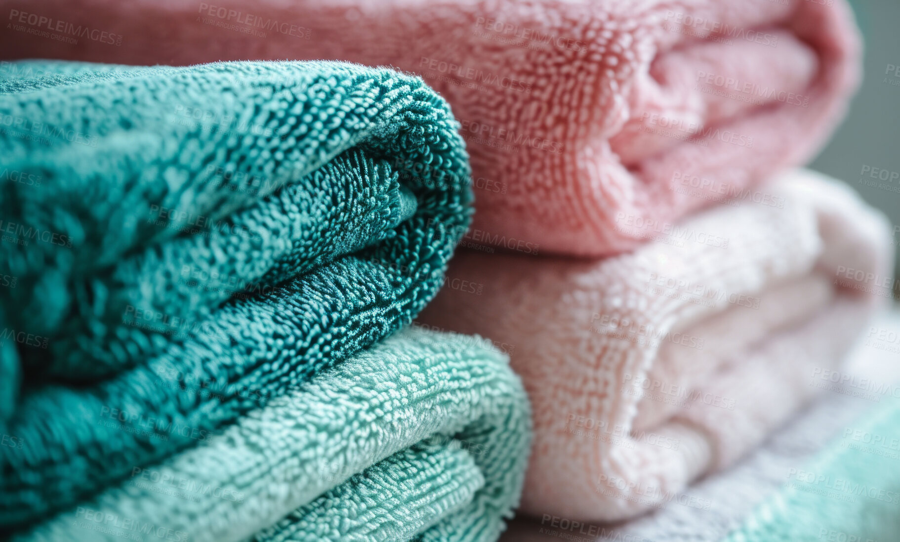 Buy stock photo Hotel towel, laundry and clean fabric background for laundromat business, detergent or hygiene. Colourful, neat and stacked fluffy textile for washing softener, cleaning service and eco friendly