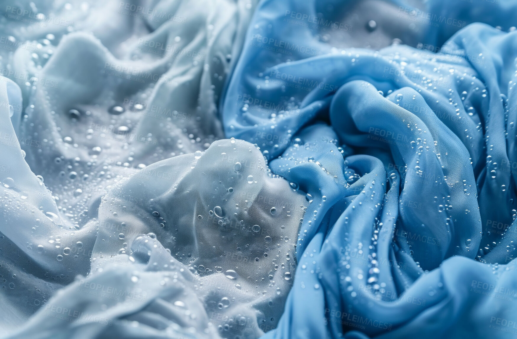 Buy stock photo Wet clothes, laundry and soap water for laundromat business, housework and product background design. Blue, clothing and bubble wallpaper for clean clothes, eco friendly washing and backdrop