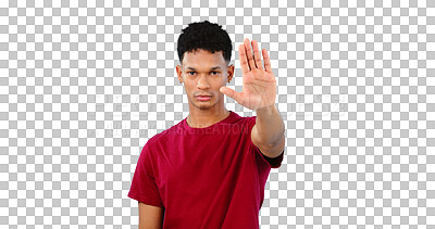 Portrait, man and hand gesture in studio for stop for warning, order or threat on blue background. Isolated model, palm or body language with attention, danger or protest for protection or safety