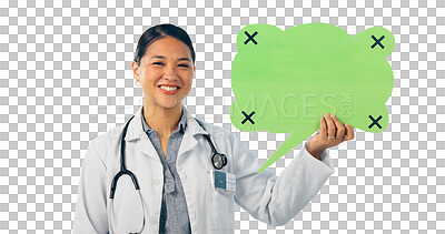 Doctor, speech bubble and communication mockup, chat poster or healthcare translation, forum and voice in studio. Portrait, asian woman and quote, advice or medical FAQ isolated on a white background
