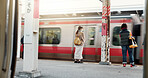 Motion blur, train with people and travel, journey with commute or tourism, transportation and sightseeing. Platform, traveller at railway station and adventure with trip, public transport and metro