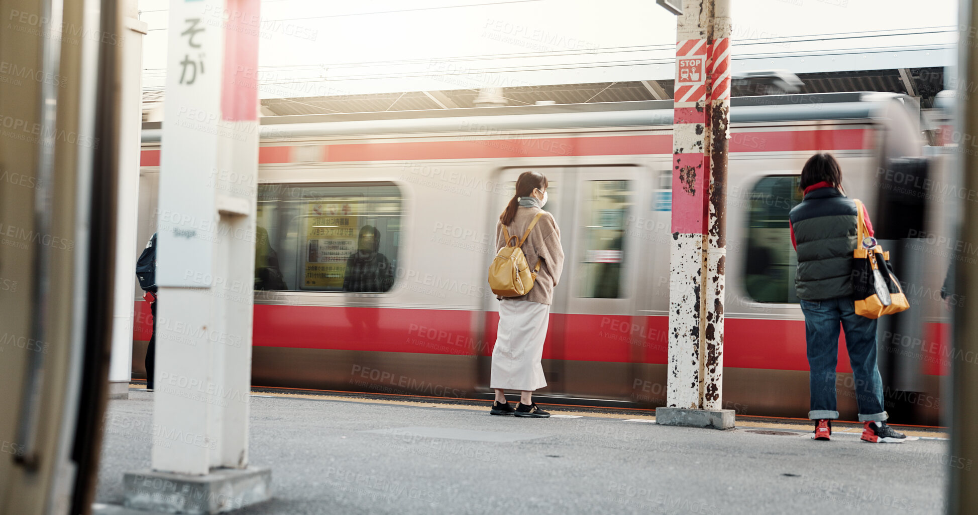 Buy stock photo Motion blur, train with people and travel, journey with commute or tourism, public transportation and sightseeing. Platform, traveller at railway station in Japan and adventure with trip on metro
