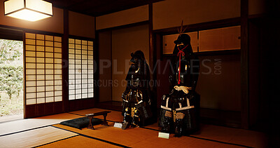 Buy stock photo Japan, armor and warrior of samurai gear, statue or protection for tradition or culture. Empty room with Japanese clothing for medieval war in ancient as symbol of honor, courage or strength in dojo