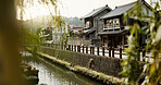 Architecture, Japan building and water canal in city, traditional infrastructure and culture in urban town. Tourism, travel and river in Tokyo for environment, landscape and nature in countryside