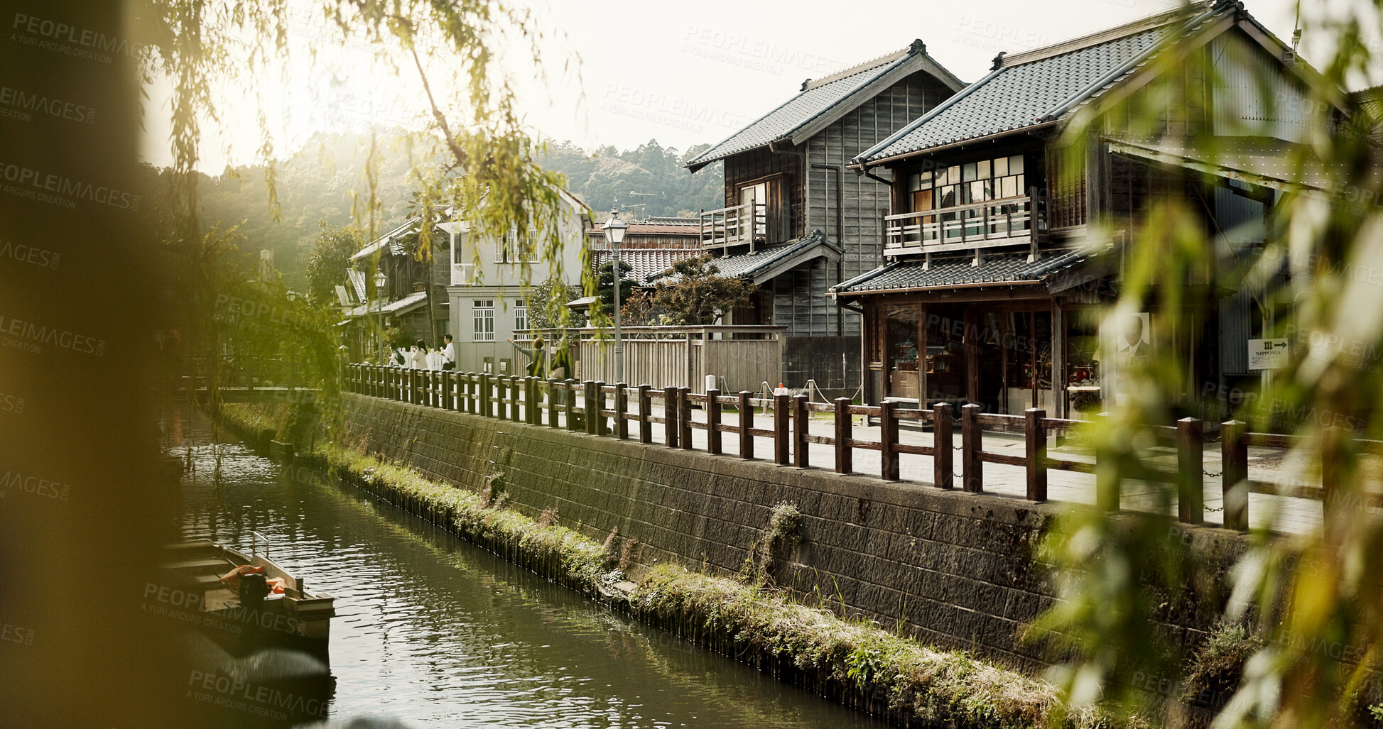 Buy stock photo Architecture, Japan building and water canal in city, traditional infrastructure and culture in urban town. Tourism, travel and river in Tokyo for environment, landscape and nature in countryside