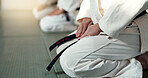 Japanese men, aikido and bow in training for fighting, modern martial arts and learning self defence. Group, black belt students or instruction in dojo place, sport or class in respect in discipline