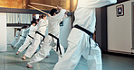 Martial arts, aikido class and people with training discipline, self defense and practice sword technique. Black belt students, Japanese group and learning skills development for protection in dojo