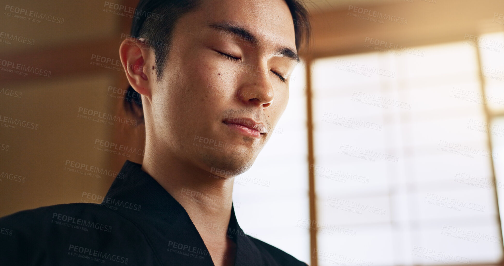 Buy stock photo Thinking, zen and young Asian man with meditation, calm and relaxing face expression at home. Idea, mindfulness and male person with memory, reflection and breathing exercise in modern apartment.