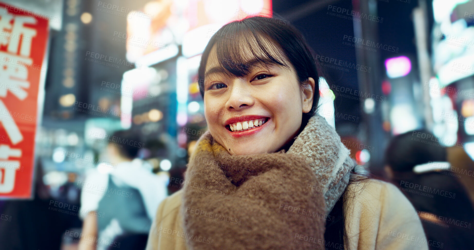 Buy stock photo Travel, happy and face of Asian woman in the city on exploring vacation, adventure or holiday. Smile, excited and portrait of young female person with positive attitude in town on weekend trip.