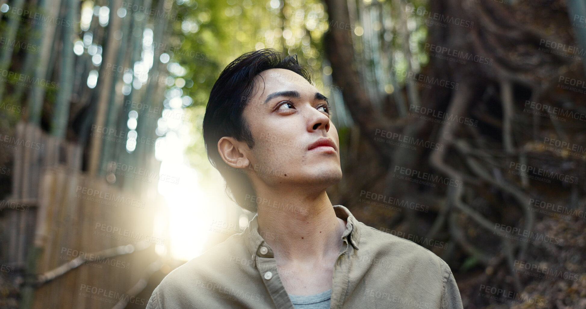 Buy stock photo Face, thinking or Asian man in forest for journey on holiday, vacation for freedom or wellness. Hiking, travel and Japanese male person with insight for calm, peace and inspiration to relax in park