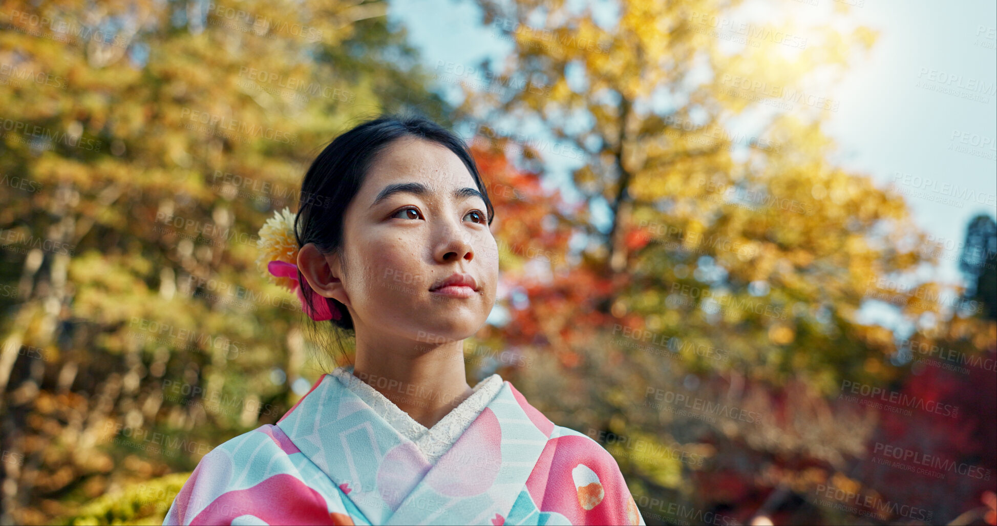 Buy stock photo Woman in garden, Asian and calm with fan, thinking about life with reflection and tranquility in traditional clothes. Peace Japanese park and nature for fresh air with inspiration or insight