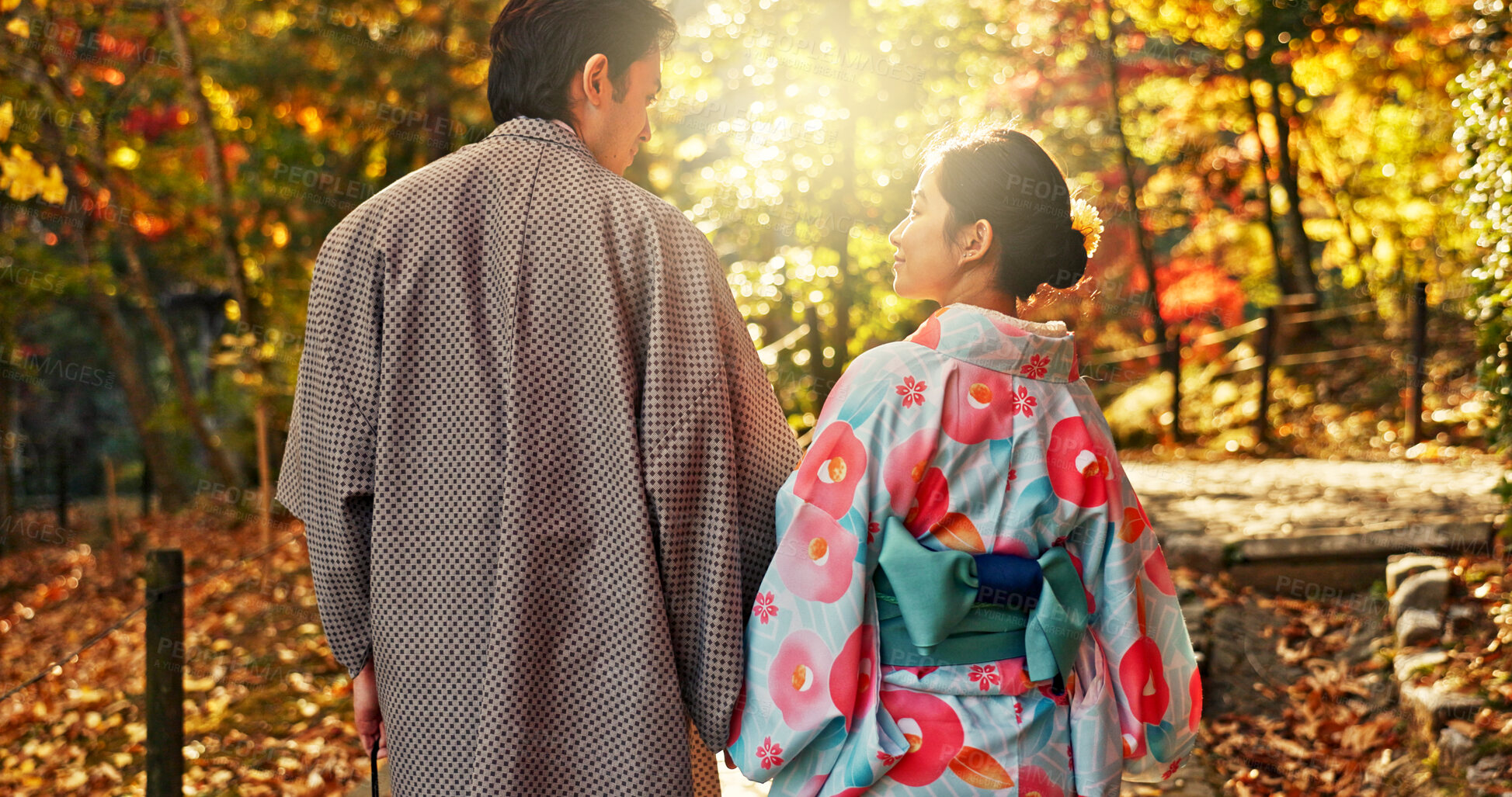 Buy stock photo Man, woman and walking in forest with date in nature park, back of couple in traditional clothes in Japan. Love, care and together outdoor, peace and calm in garden with commitment, partner and trust