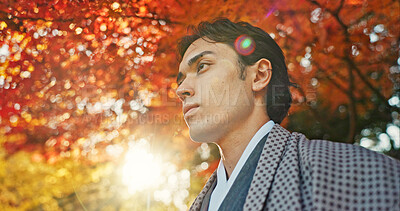 Buy stock photo Man in garden, Asian and peace, thinking about life with reflection and tranquility in traditional clothes. Travel, Japanese park and nature for fresh air, inspiration or insight with sunshine
