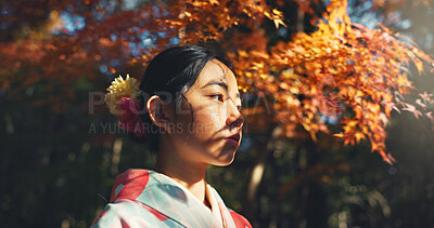 Buy stock photo Walking, thinking or Asian girl in nature for journey on holiday, vacation for freedom or wellness. Face, travel or Japanese female person with ideas for calm, peace or inspiration to relax in park