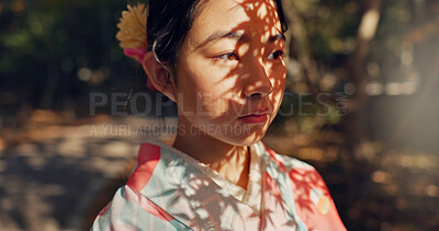 Buy stock photo Face, thinking or Asian woman in nature for journey on holiday, vacation for freedom or wellness. Girl, travel or Japanese female person with ideas for calm, peace or inspiration to relax in park