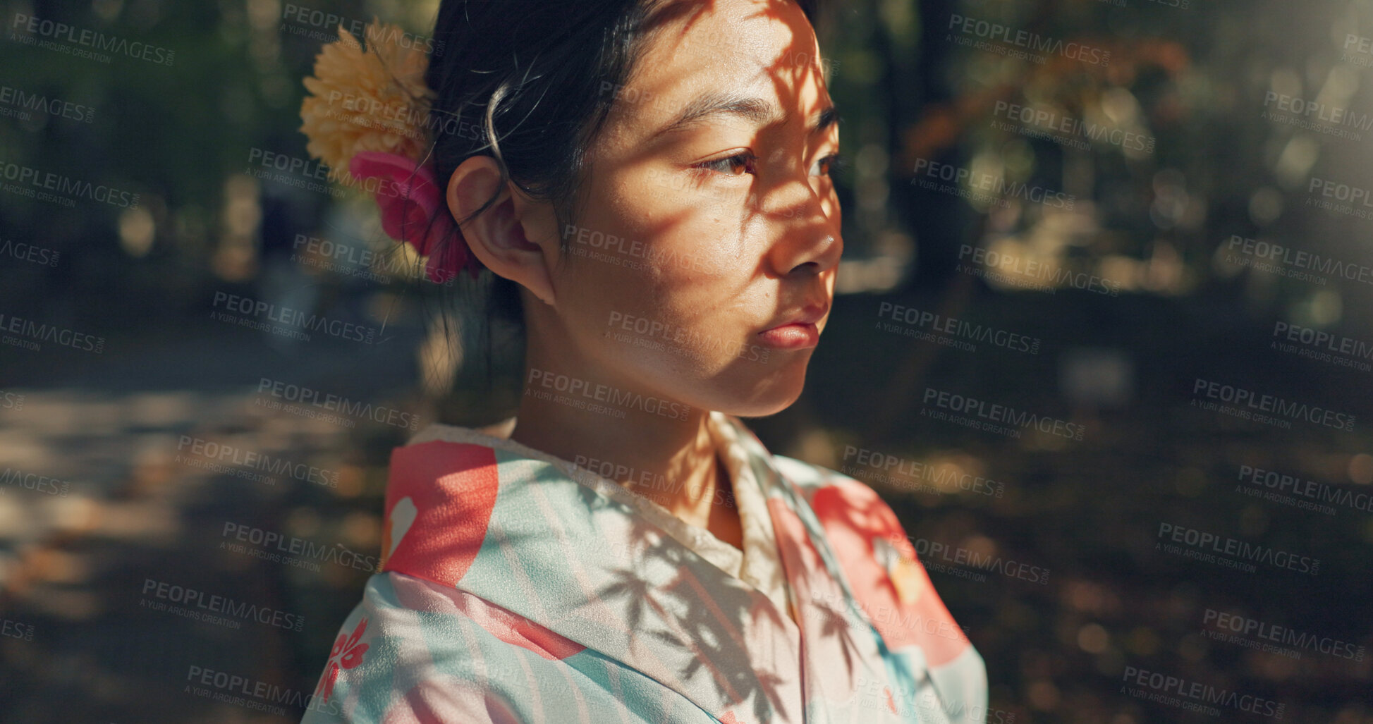 Buy stock photo Face, thinking or Asian woman in nature for journey on holiday, vacation for freedom or wellness. Girl, travel or Japanese female person with ideas for calm, peace or inspiration to relax in park