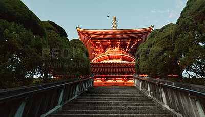 Japanese temple, stairs and architecture with religion and traditional building for Buddhism faith. Tradition, culture and landscape in Japan, place of worship with property and heritage outdoor