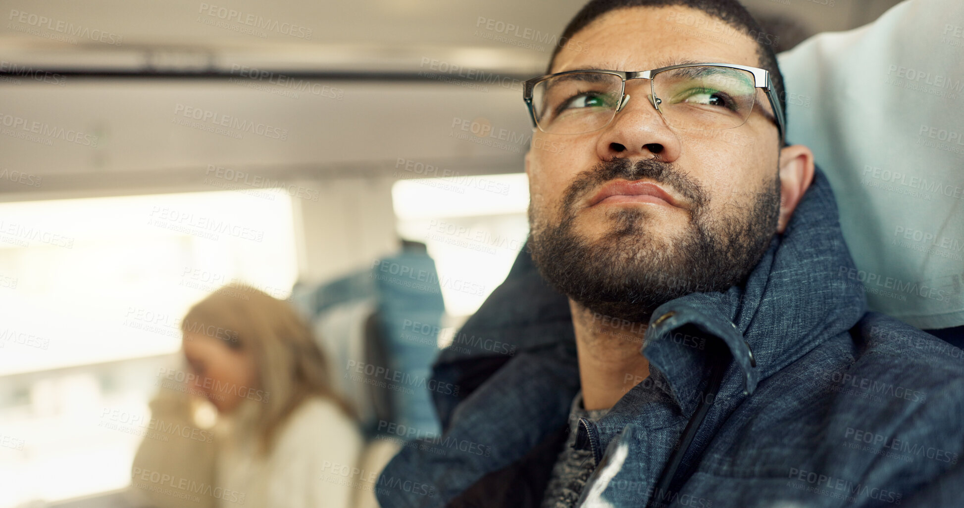 Buy stock photo Thinking, idea and young businessman on a train for public transportation to work in the city. Reflection, planning and professional male person from Mexico commuting to office in urban town.