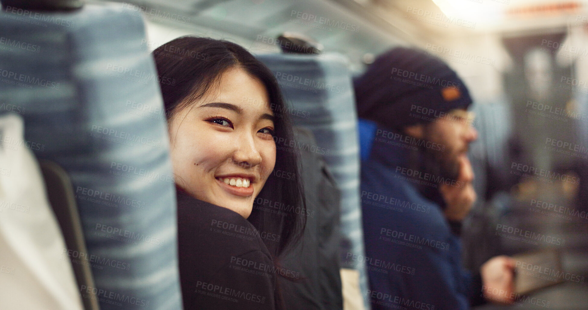 Buy stock photo Smile, face and young Asian woman on a train for public transportation to work in the city. Happy, portrait and female person with positive, confident and good attitude for commuting to office.