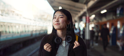 Buy stock photo Asian, woman at train station for travel, commute or holiday with smile on face and freedom outdoor. Railway, walking on platform and transportation, journey for adventure in China with happiness