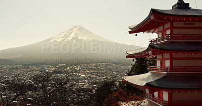 Buy stock photo Mountain, landscape and Japanese temple with environment, nature and village in Japan. Traditional, culture and religion, building outdoor and ancient architecture with travel, hill and mockup space