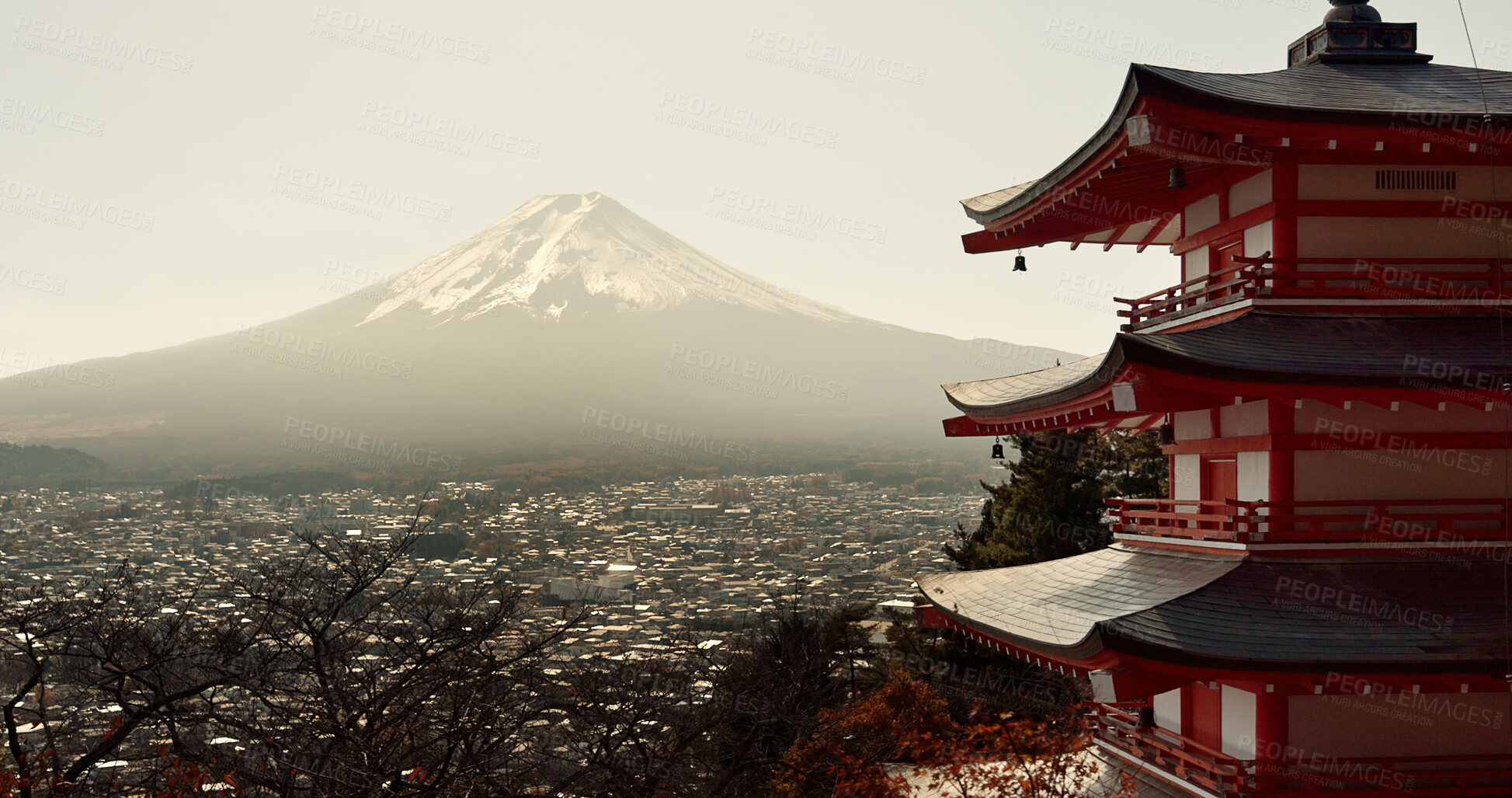 Buy stock photo Mountain, landscape and Japanese temple with environment, nature and village in Japan. Traditional, culture and religion, building outdoor and ancient architecture with travel, hill and mockup space
