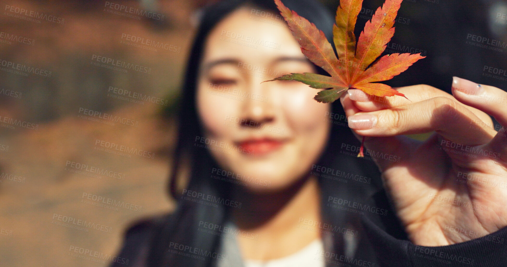 Buy stock photo Woman, Asian and face with leaf in autumn, nature and color with happiness outdoor. Environment, plant and smile in portrait, park or garden in Japan with foliage, mockup space and positivity