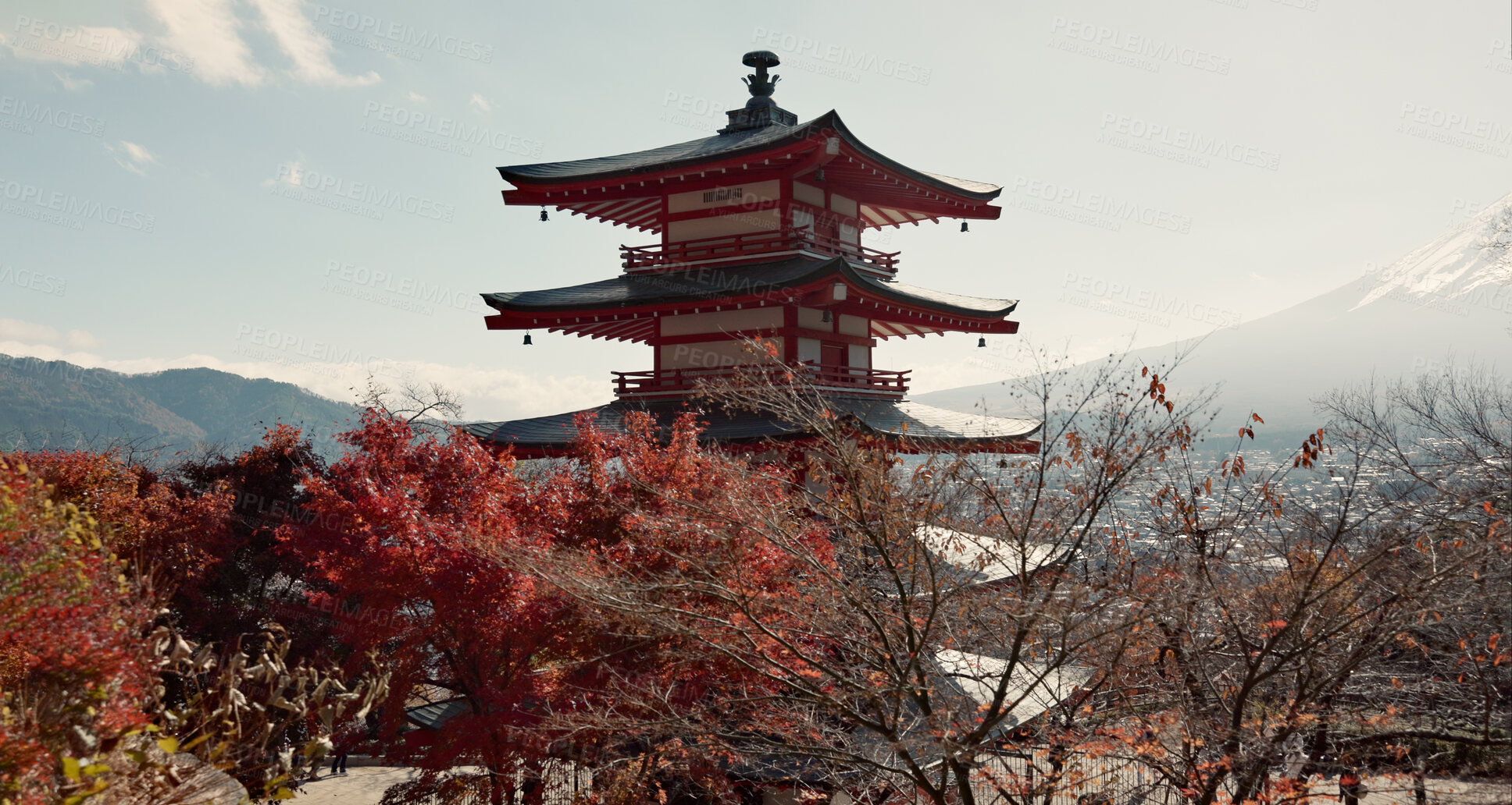 Buy stock photo Shinto temple, building and trees in nature for religion, faith and landscape with mountains by sky background. Traditional architecture, praise and worship in environment for culture, peace and calm