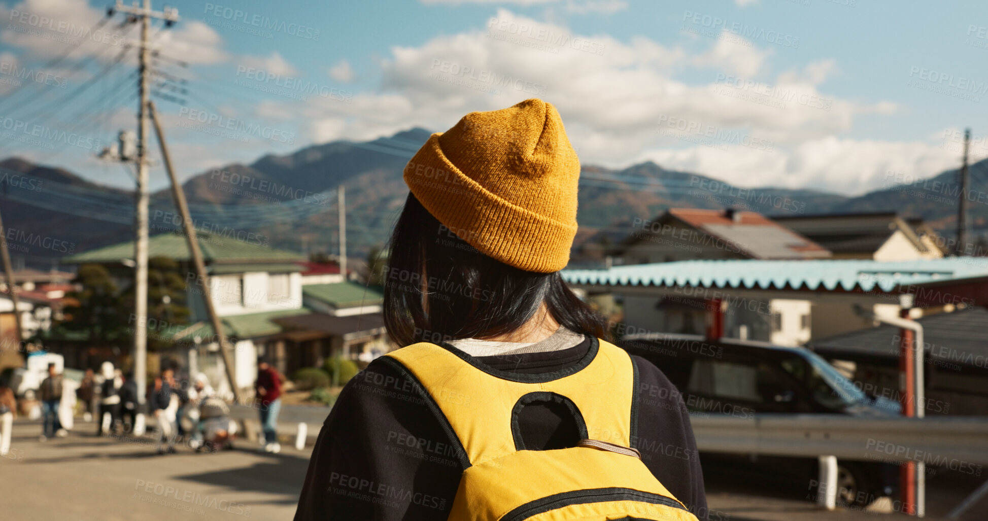 Buy stock photo Asian, woman at train station and travel, back view on commute or holiday and freedom outdoor. Railway, walking on platform and transportation, journey for adventure in China and weekend trip